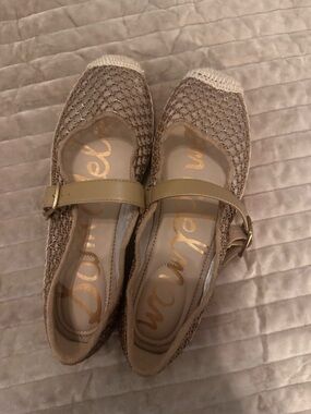 Sam Edelman Beige Crochet Mary Jane Flats with Gold Buckle